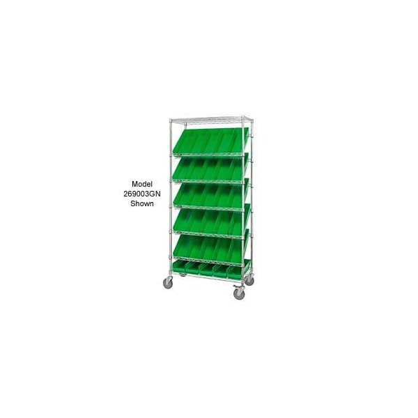 Global Industrial Easy Access Slant Shelf Chrome Wire Cart 18 4inH Shelf Bins Green 36Lx18Wx74H 269005GN - main